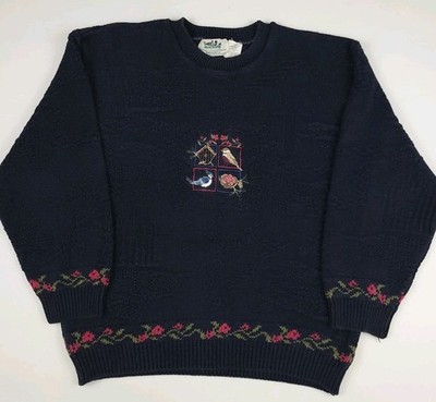 Vintage 90s Northern Reflections Bird House Embroidered Textured Pattern Sweater