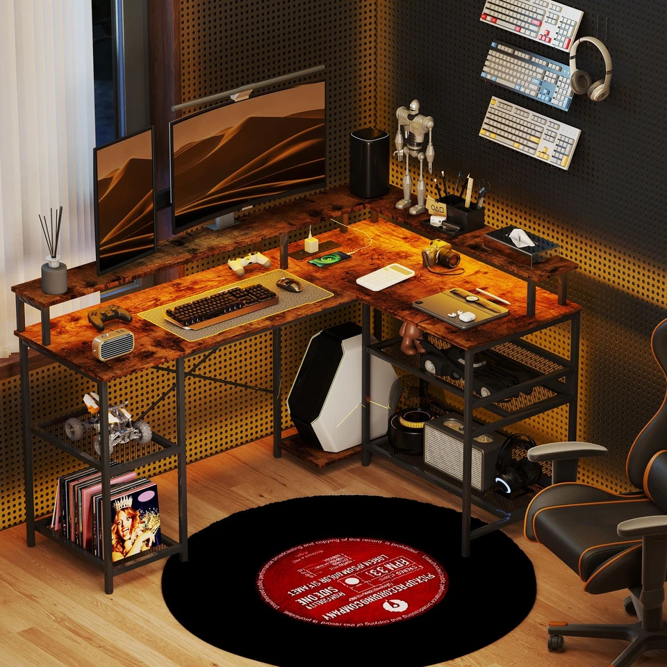 HOMCOM L Shaped Gaming Desk w/ LED Lights and Power Outlets for Small Space - Image 2 of 4