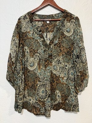 Charter Club 100% Silk Boho Paisley Blouse Plus Size 18W 2X Sheer Brown Western