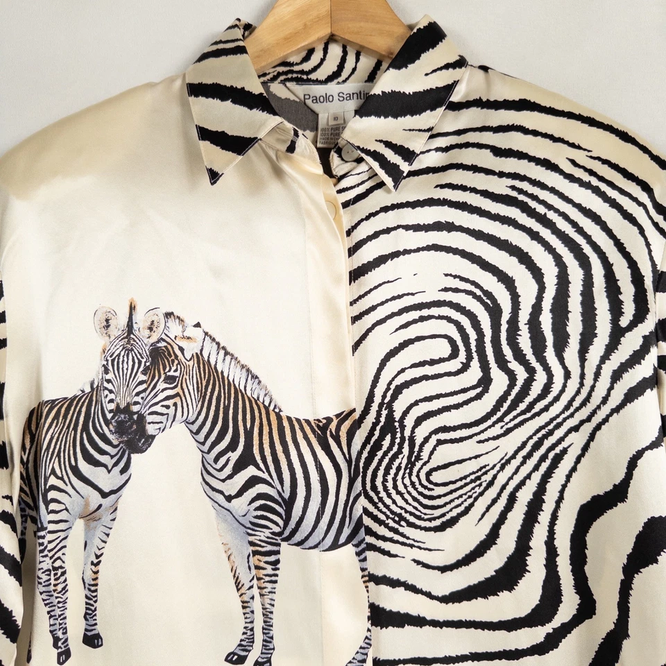 Blusa Camisa Paolo Santini Talla 10 Negra Marfil Estampado Cebra Abotonada 100% Seda De Colección Foto 2 de 4