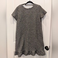 LOFT Multi-Color Bouclé Tweed Shift Dress Ruffle Hem Stretch Knit Sze M Academia