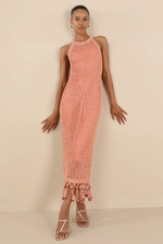 Lulus Marama Shiny Coral Crochet Sleeveless Fringe Midi Dress