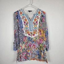 John Mark Tunic Top Womens M Floral Embroidered Patchwork Long Sleeve Blouse