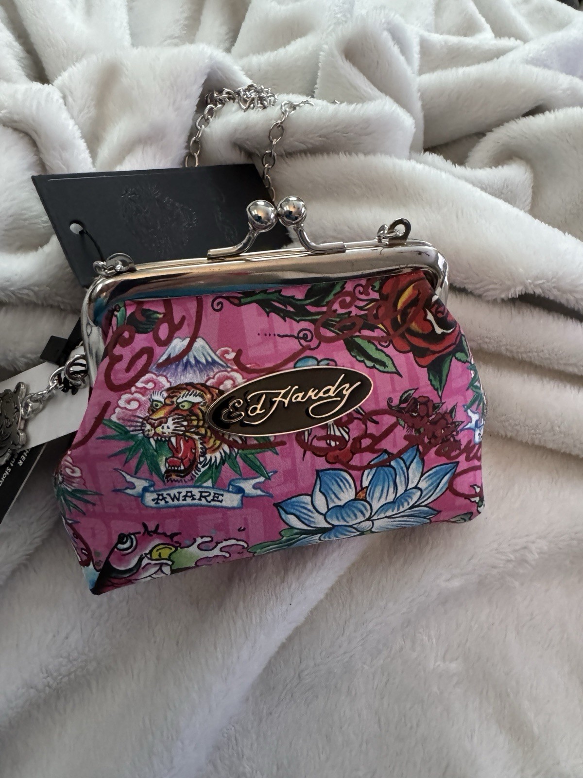 Ed Hardy Pink Tiger Tattoo Print Kiss Lock Coin Purse Wristlet Mini Clutch NWT