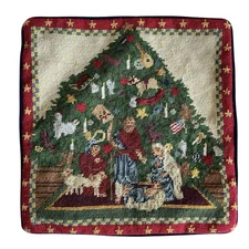 NEW Wool Needlepoint Throw Pillow Cover Nativity Tree Christmas 14" Vintage