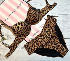 Victoria's Secret Swim Twist Removable Push-Up Cheeky Set High Waist Leopard