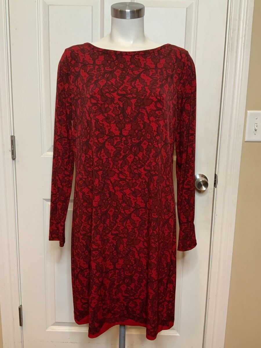 Michael Kors Red Floral Lace Print Long Sleeve Jersey Dress, Size Large