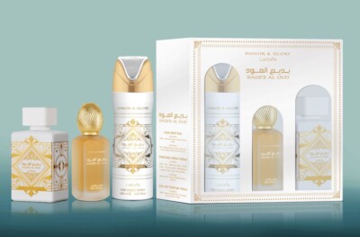 Lattafa Honor Glory 3pc Set: 3.4oz EDP Spray + 1.7oz Hair Mist + 6.7oz Body