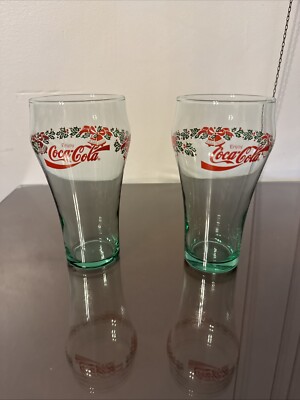 vtg Libbey Coca Cola Christmas  Set Of 2 Glasses bells/holly/green Tint Nvr Used
