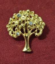 Vintage Hegor-Like Gold-Tone TREE OF LIFE Rhinestone Detail Brooch Pin 