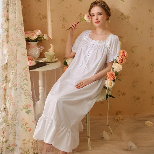 Damen Baumwolle Nachthemd Kurzarm eckiger Ausschnitt Pyjama Schlafkleid - Bild 4 von 34