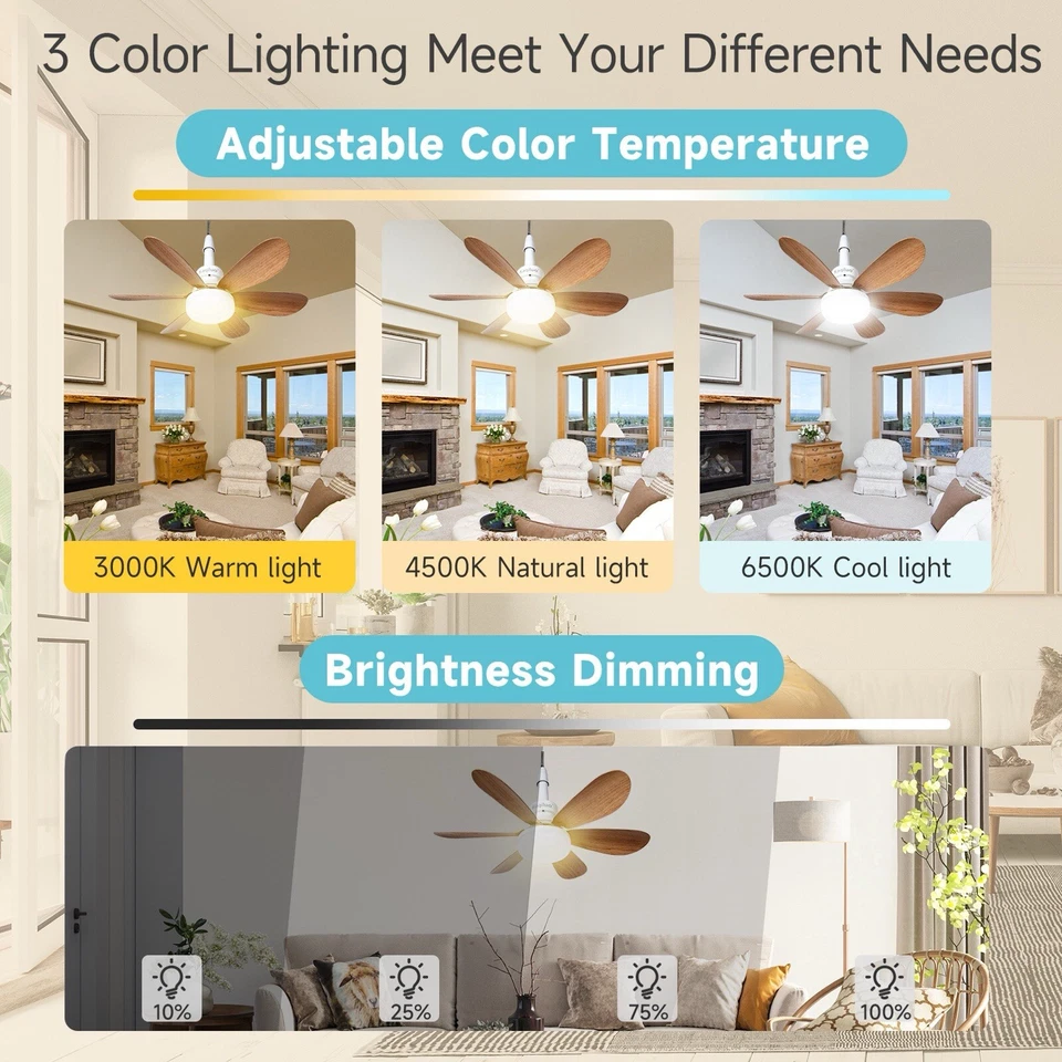 Soquete ventilador luz com controle remoto, 20,5’’ parafuso no ventilador de teto ventilador lâmpada ventilador (marrom) - Imagem 3 de 4