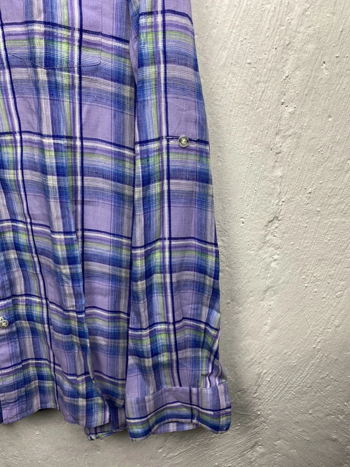 Toscano Aqua Shirt Men Large Linen Long Sleeve Purple/Blue Plaid - Image 4 of 4