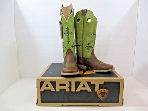 Ariat Kids Ranchero Boots New In Box Powder Brown/LIme Wide Square Toe 11" H 9 M - 第 1/12 張圖片
