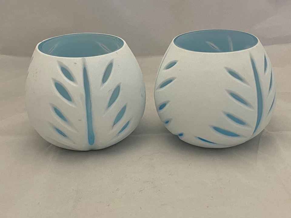 Juego de 2 candelabros únicos de luz de té de palma azul océano grabado esmerilado Foto 2 de 4