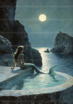 Mondschein Meerjungfrau Pool altes Steinbad Nachtlandschaft Sirene Ozean Kunstdruck y35