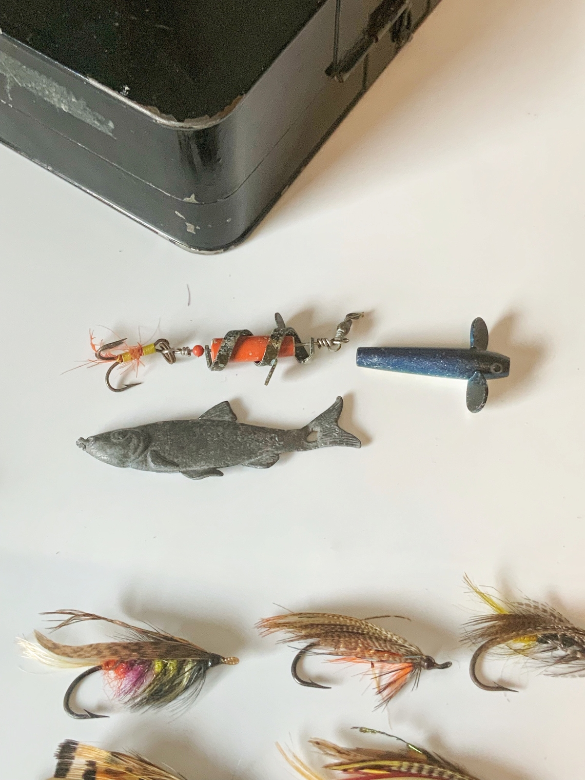 Antique Hardy bros jappaned fly fishing tackle box w flies lures