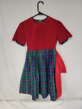 Vintage Girls Plaid Velvet Holiday Christmas Dress Red Waist Wrap