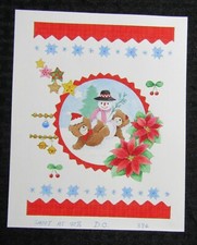 CHRISTMAS Snowman w/ Teddy Bears Poinsettia 6.5x8" Greeting Card Art X374