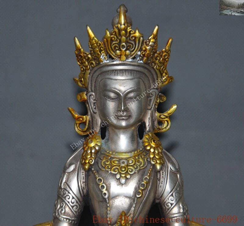 Tibet Budismo Tibetano Plata Dorado Kwan-Yin GuanYin Diosa Blanco Tarai Estatua Foto 2 de 4