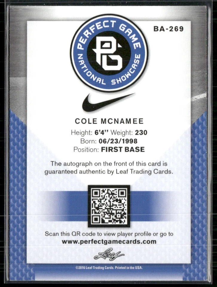 Cole McNamee 2016 Leaf Perfect Game Black Auto 8/50 - Image 2 of 2