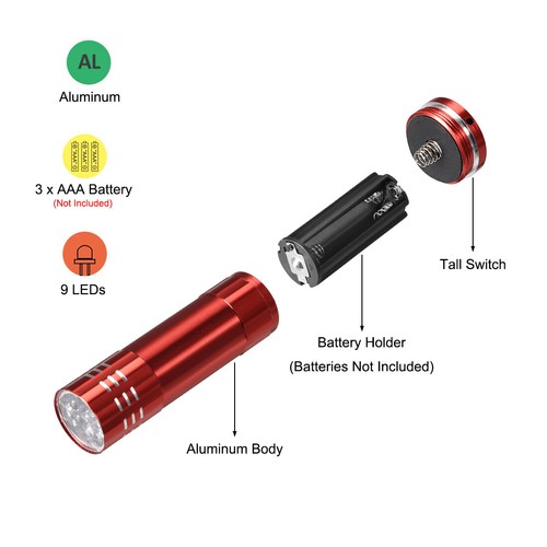 UV Mini 9 LED Aluminium Lampe de poche Noir Lampe AAA Batterie Pas Inclus Rouge - Imagen 2 de 5