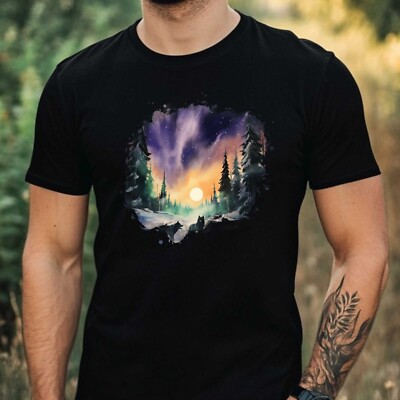 Mens Wolf Northern Lights Print Cotton T-Shirt Size XS to 5XL