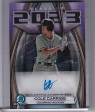2023 TOPPS #23A-CC COLE CARRIGG AUTOGRAPH ROOKIE RC REFRACTOR ROCKIES B303