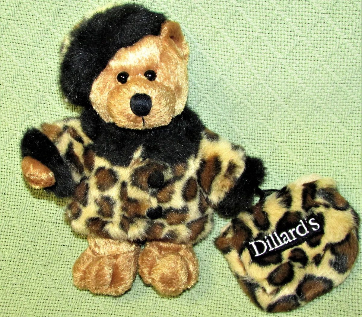 9 DILLARDS TEDDY BEAR PLUSH WITH LEOPARD FUR COAT PURSE HAT STUFFED ANIMAL  TOY