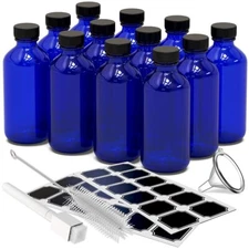Nevlers 8 oz Boston Round Cobalt Blue Glass Bottles (Set of 12)