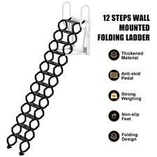 Wall Mounted Folding Ladder Black Loft Attic Stairs Pull down 12 Steps EP