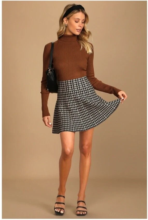 Lulus Fall Moments Black and Tan Houndstooth Mini Sweater Skirt