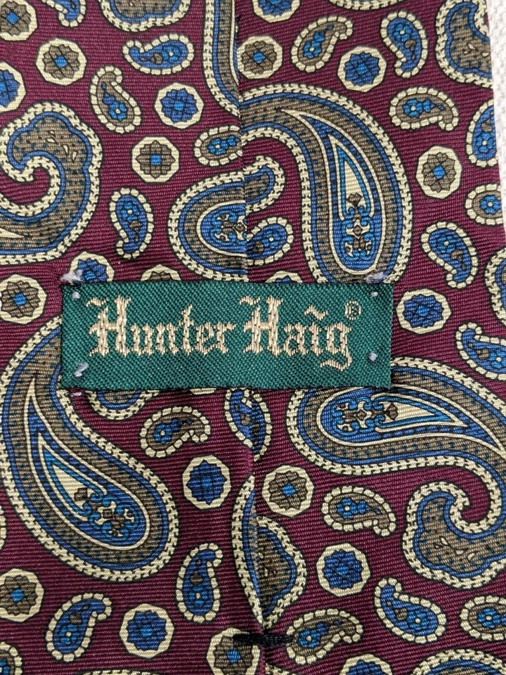 Corbata Cuello Seda Cachemira Borgoña, Azul, Marrón Hecha en EE. UU. Hunter Haig 55"L 4"W Foto 3 de 4