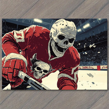 Art Print Skeleton Hockey Player Red Uniform Aggressive Ice Rink Skating Action