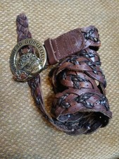 Vintage Harley Davidson Brown Woven Leather Belt Sz S Skull  Roses Buckle