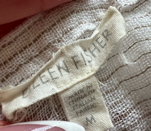 Eileen Fisher M White Tan Striped Gauze Popover Top 100% Linen Roll Tab Sleeve - Picture 8 of 15