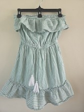 American Eagle Green and White Striped Off-the-Shoulder Ruffle Dress Size Xsmall