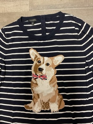Talbots Striped Corgi Sweater Medium Navy White Dog Graphic