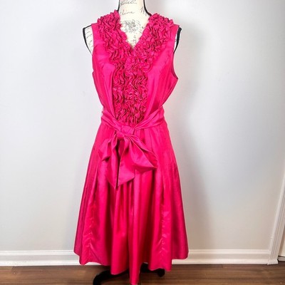 Jessica H Hot Pink Faux Silk Ruffle Neck Midi A-Line Cocktail Dress Size 14