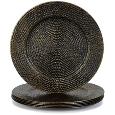 13" Black Round Charger Plates Set of 6, Plastic Rattan Chargers for Dinner P...