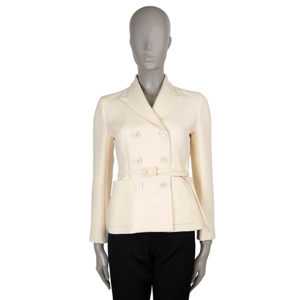 74079 Auth CHRISTIAN DIOR Creme Seide Wolle 2022 BAR BELTED Jacke 36 XS