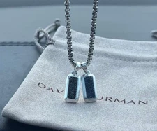David/yurman 925 Silver 16mm Streamline Tag 2 Pendant Black & Blue Sapphire