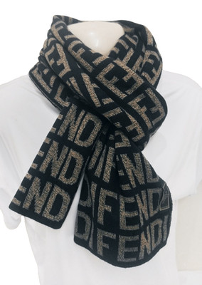 FF Fendi Scarf Black and Gold Muffler Wrap Wool Stole