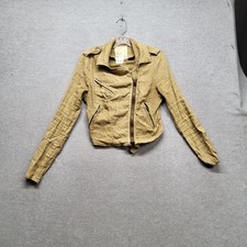 Free People Women Jacket 6 Khaki Linen Moto Zipper Button Long Sleeve READ