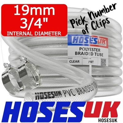HOSES UK 19mm Clear Braided PVC Hose Pipe Water Air Optional Hose Clips 3/4"