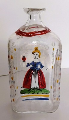 Stiegel Type Eight Side Enamel Painted Bottle with Woman Holding Heart and Motto