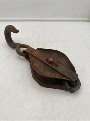 Antique Large Steel Block & Tackle Pulley Primitive Forged Farmhouse Tool Decor