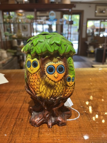1960s Three Owls In A Tree Chalkware Style Coin Bank Vintage