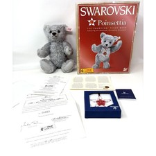 Steiff Poinsettia Teddy Bear Swarovski Ornament 2007 Mohair 10 Box Paperwrk Gry