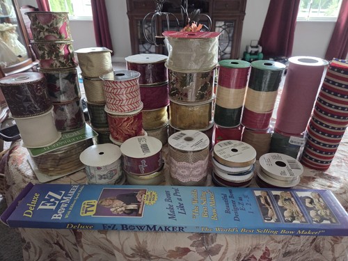 EZ Bow Maker & Wired Ribbon Random 38 Rolls Mostly Christmas All but 2 are New